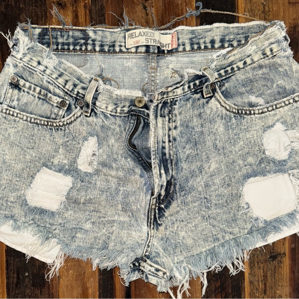 Levi's Blue Distressed Jean Shorts with Frayed Hem